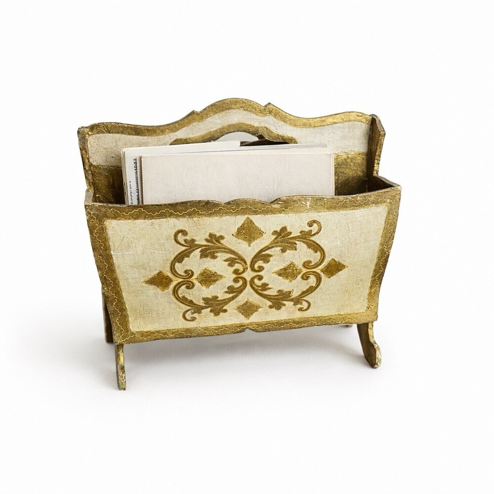 Vintage Italian Florentine Magazine Rack Cream & Gold